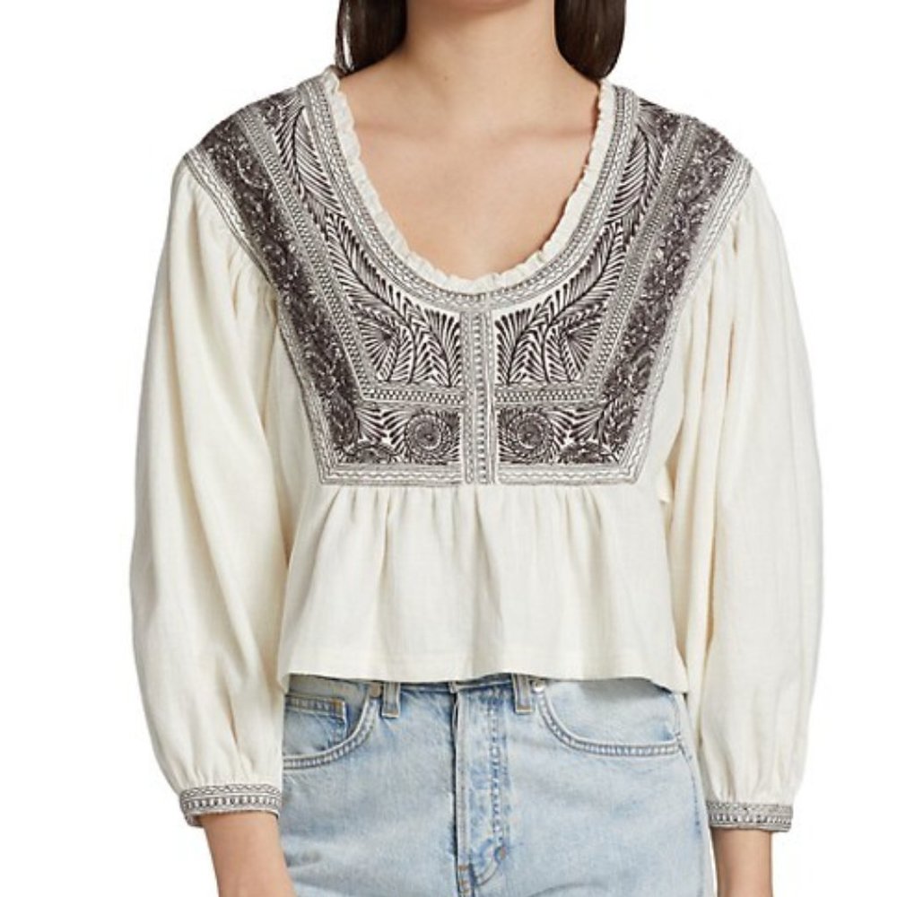 Free People Iggie Embroidered Cropped Blouse - Ivory Black - Medium
